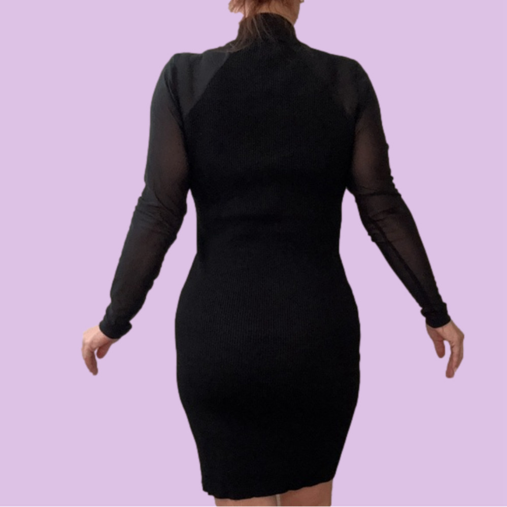 Little Black Dress | Black Bodycon Midi Sweater Dress + Sheer Sleeves | M - Picture 2 of 4